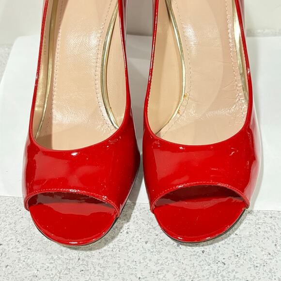Stuart Weitzman 9.5M dressy shoes red patent open toe high stiletto heel pumps - Picture 4 of 8